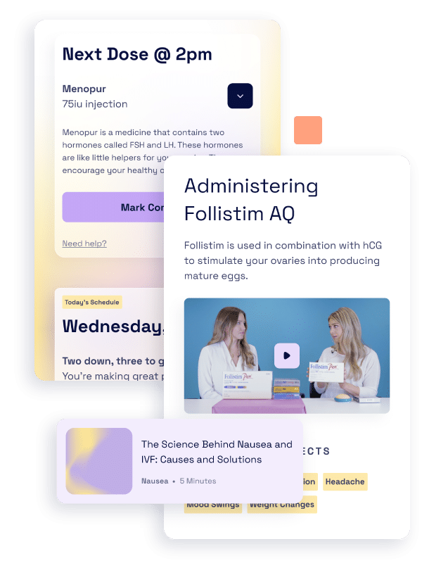 A collage of app screens showing next dose information, medication administration details and an article.