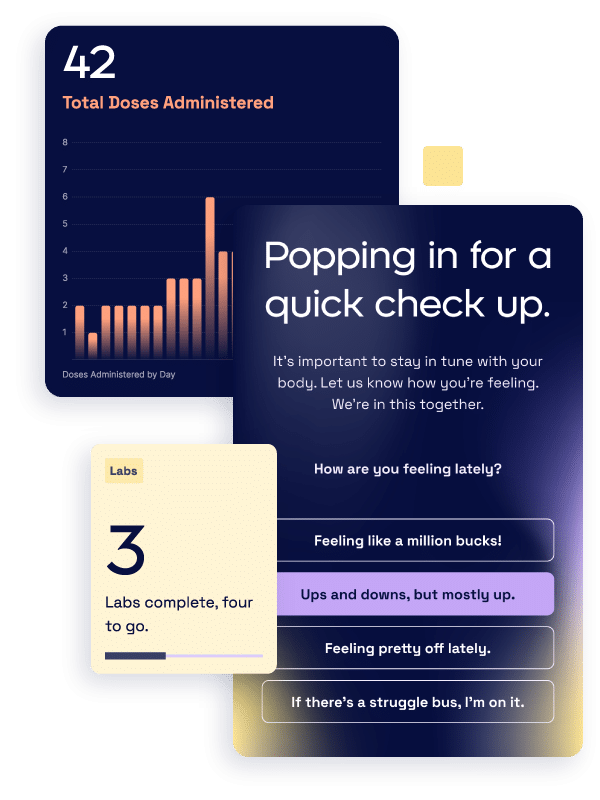 A collage of app screens showing patient progress data and a check-in modal.